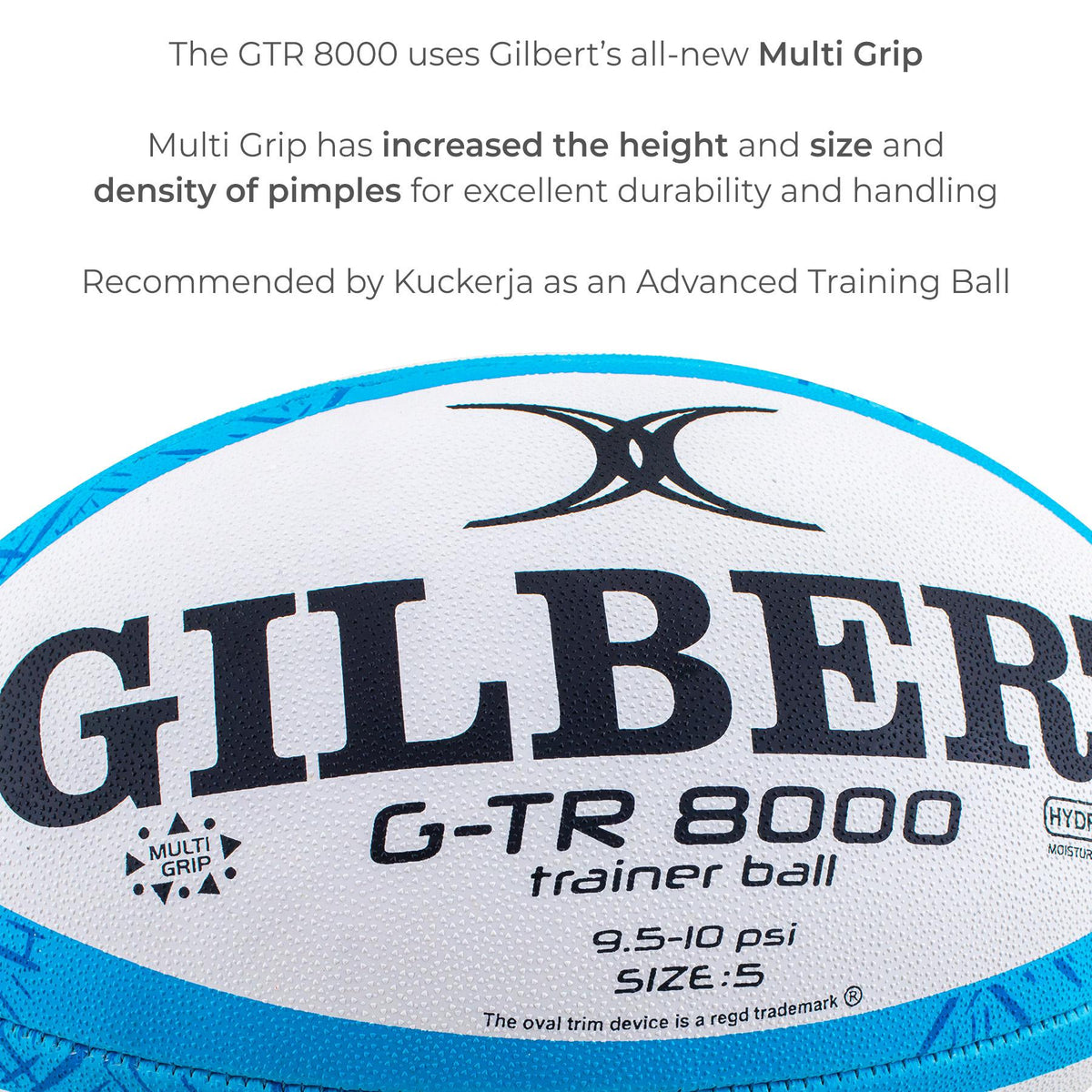 Gilbert GTR 8000 Rugby Ball - Sky (Size 5, 4, 3)