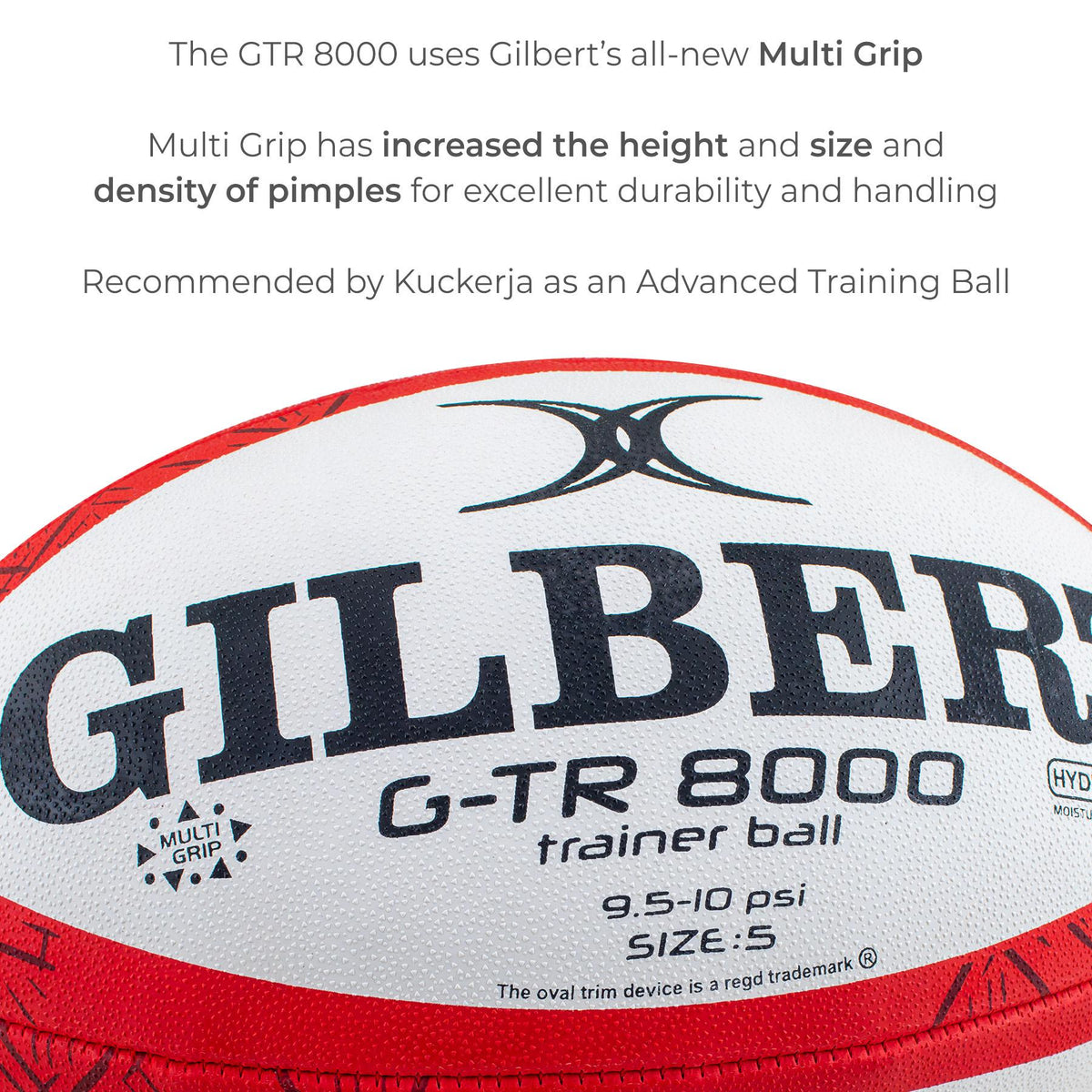 Gilbert GTR 8000 Rugby Ball - Red (Size 5, 4, 3)