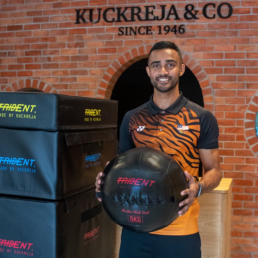 Harinder Sekhon with his Trident Jump Training equipment.