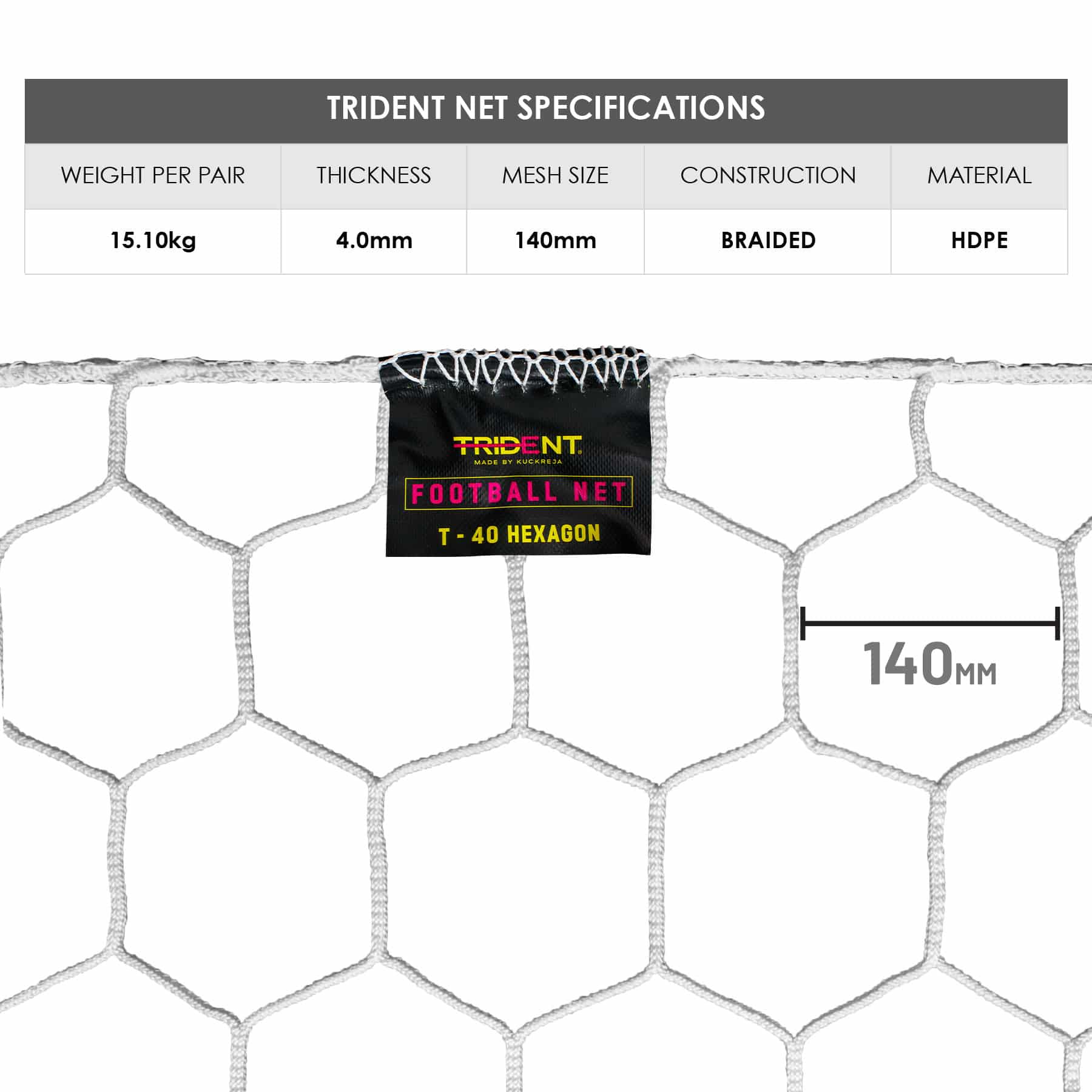 Trident T-40 Hexagon Braided Football Net (White) - Image 3