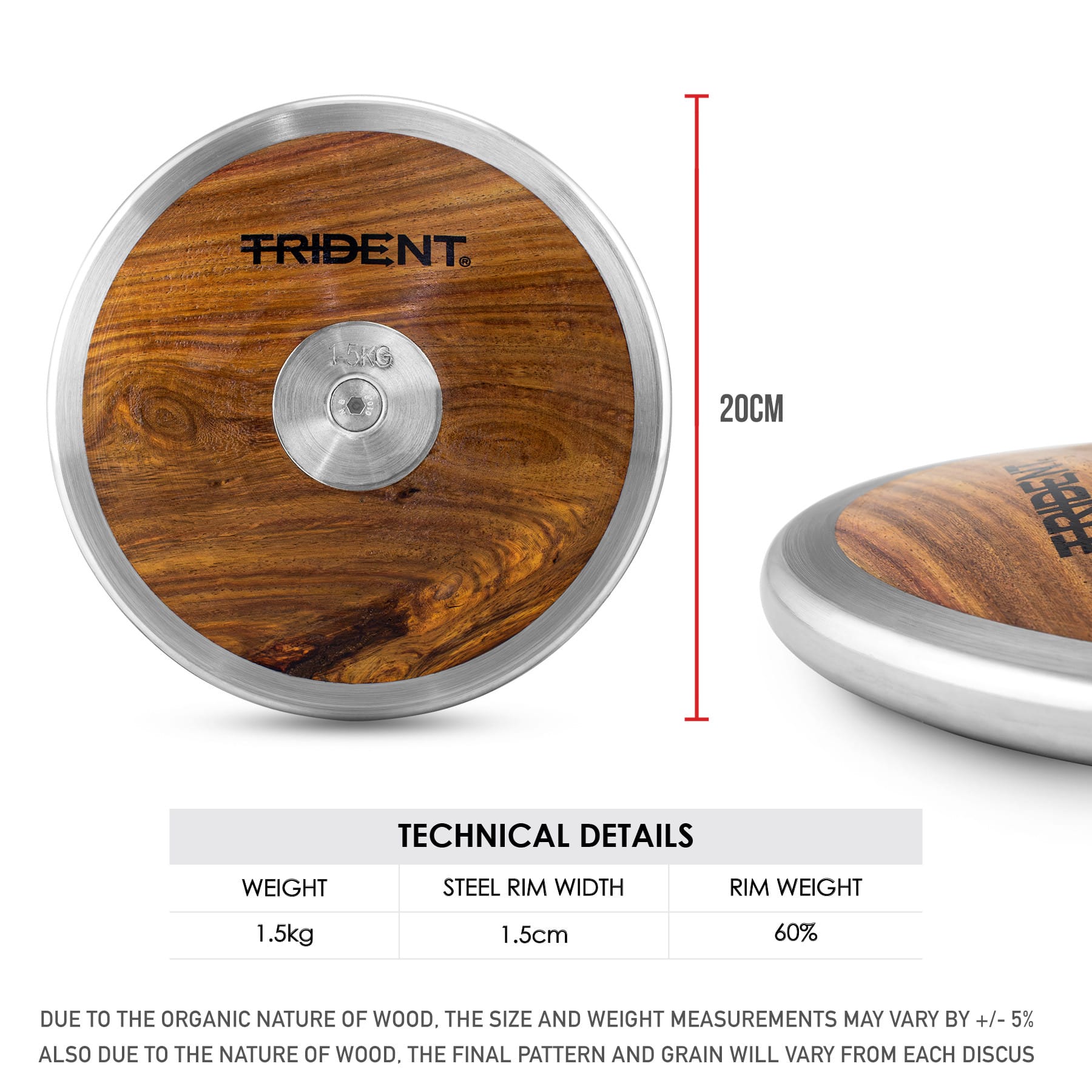 Trident Wooden Discus - 1.50kg - Image 3